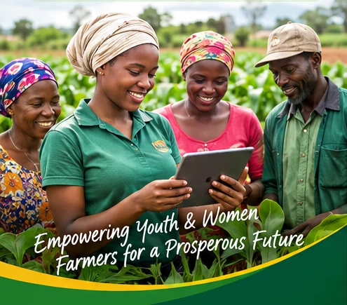 Farmers reviewing information on a tablet in a field, from the AFRISEED brochure