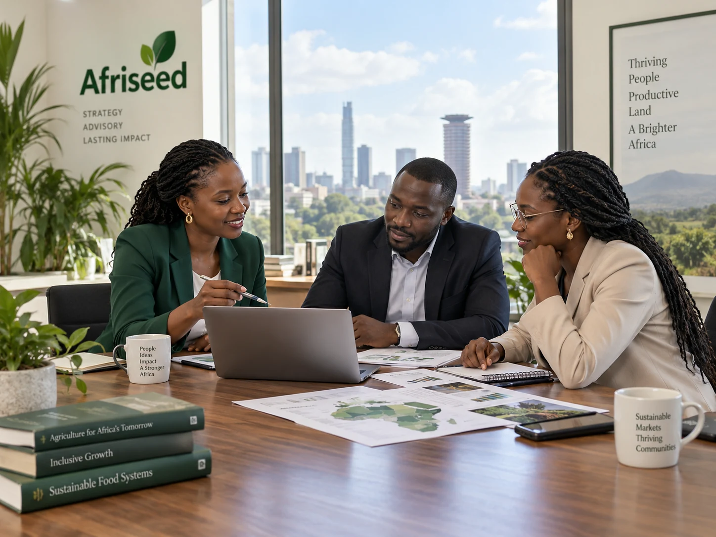 African strategy team reviewing market plans and sustainability data