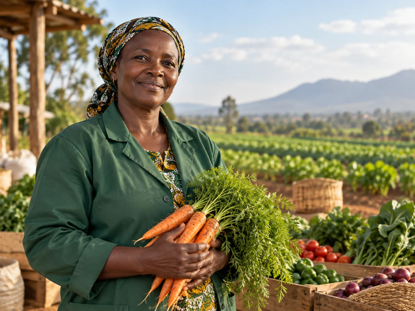 Farmer holding fresh produce in an agricultural landscape