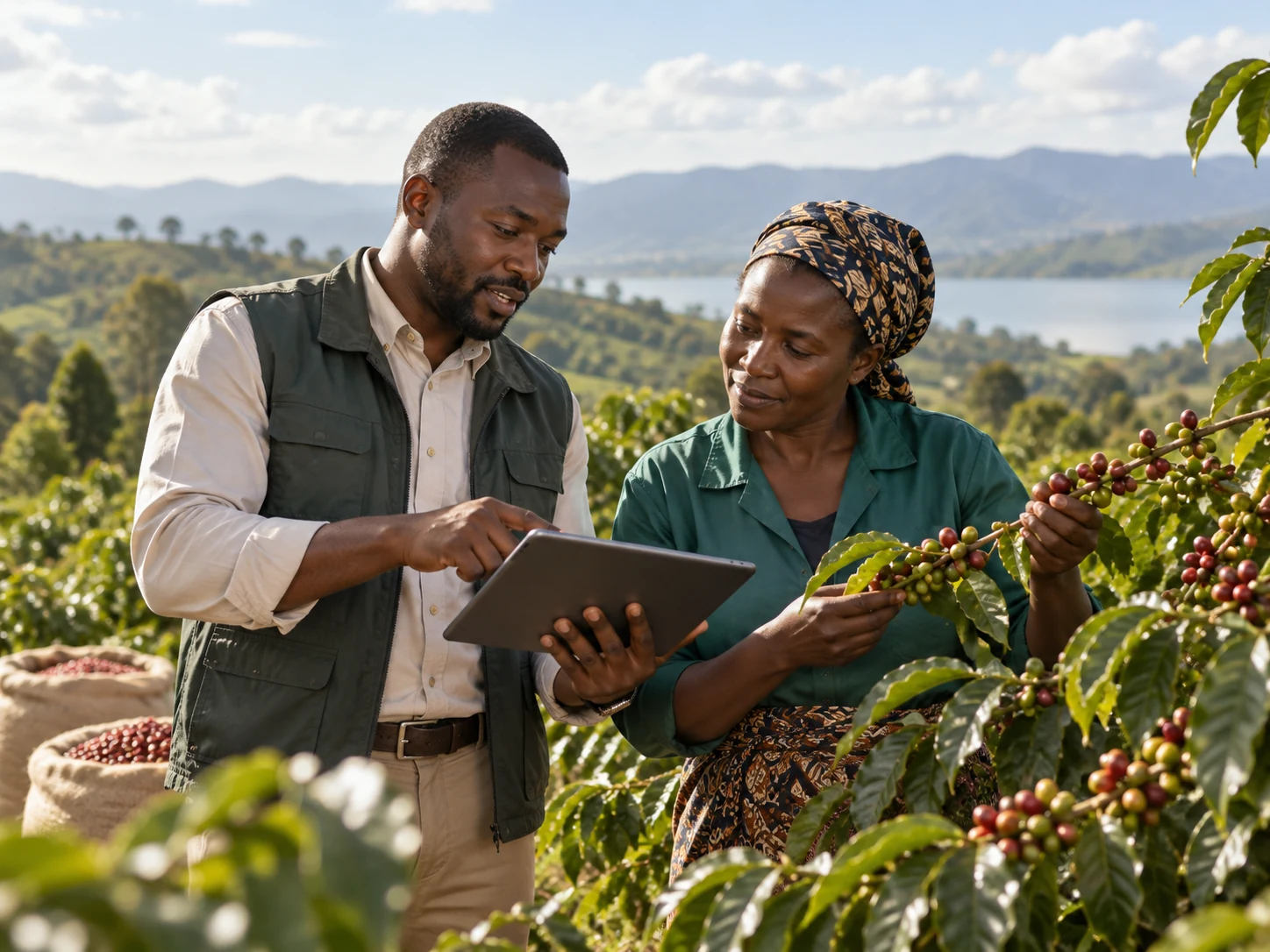 Field advisor and coffee farmer reviewing crop data in a coffee landscape