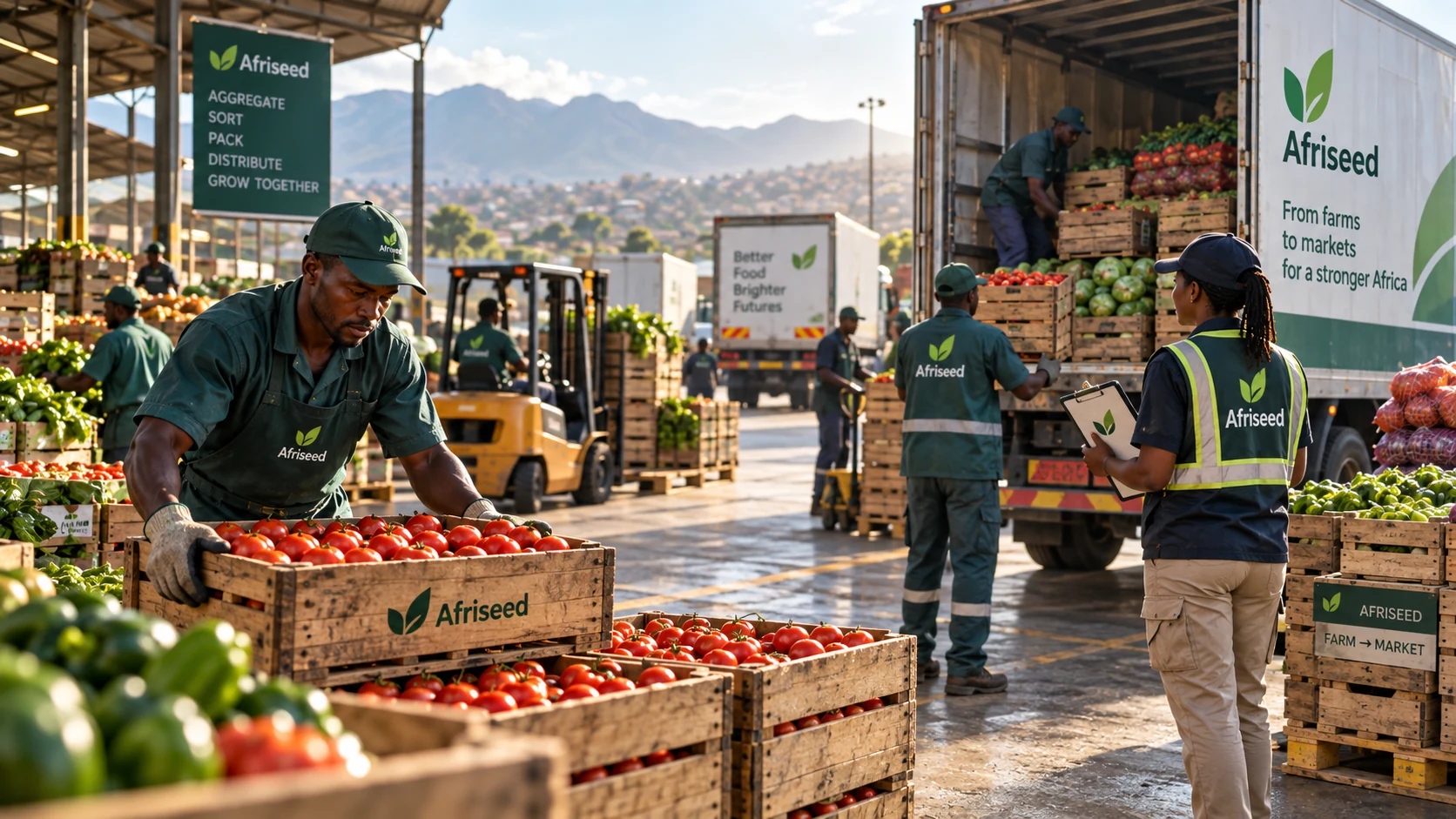 Produce loading yard at sunrise showing agricultural distribution and market access