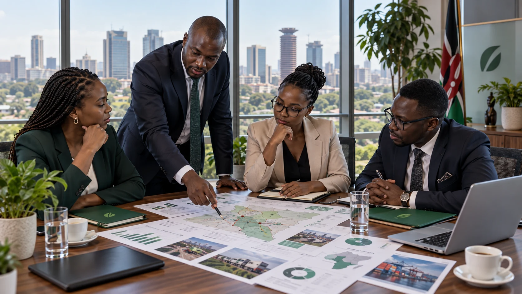 Leadership discussion overlooking Nairobi skyline, representing Kenya market-entry planning