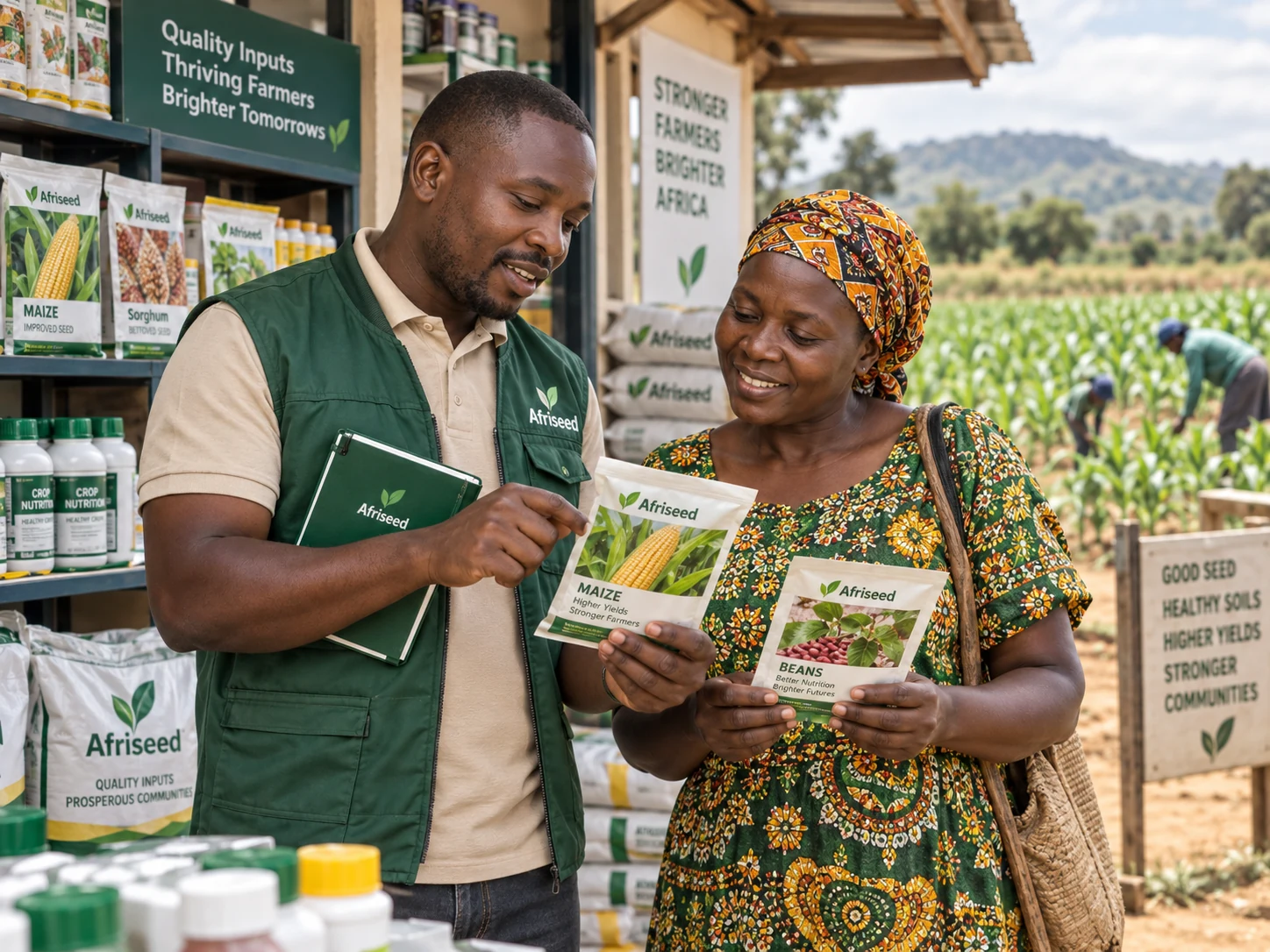 Afriseed advisors discussing seed and farm input options at a local farm shop